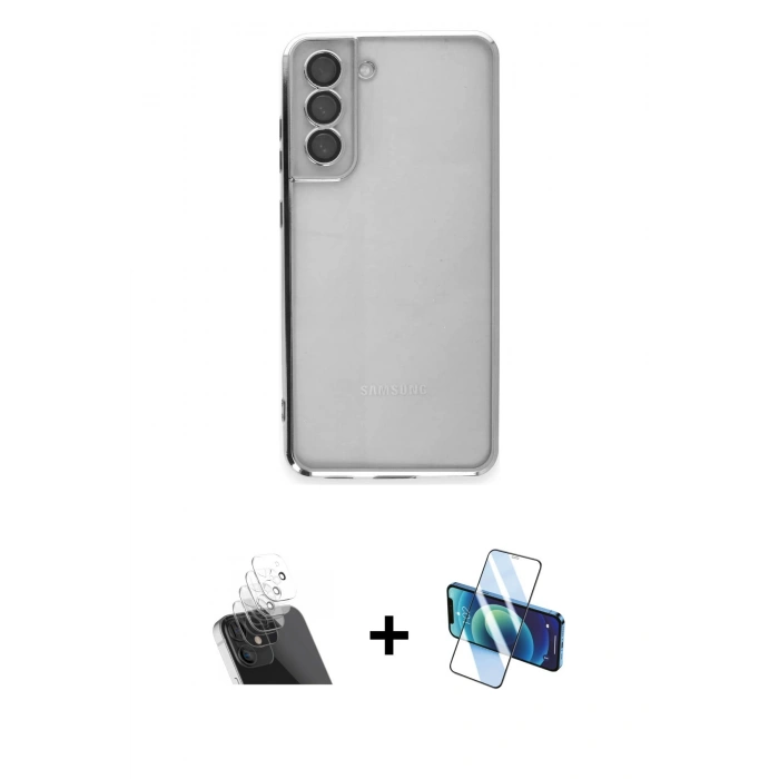 MARSİLYAN™- Galaxy S21 FE Kılıf Vadi Minimal - Siyah 3D Antistatik Cam Ekran Koruyucu + Kamera Lens Koruma Cam - SF