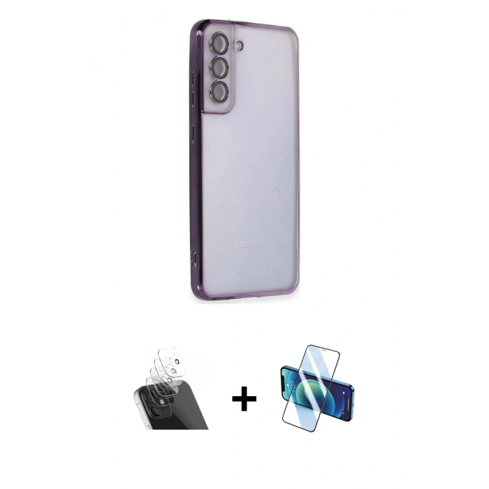 MARSİLYAN™- Galaxy S21 FE Kılıf Vadi Minimal - Siyah 3D Antistatik Cam Ekran Koruyucu + Kamera Lens Koruma Cam - SF