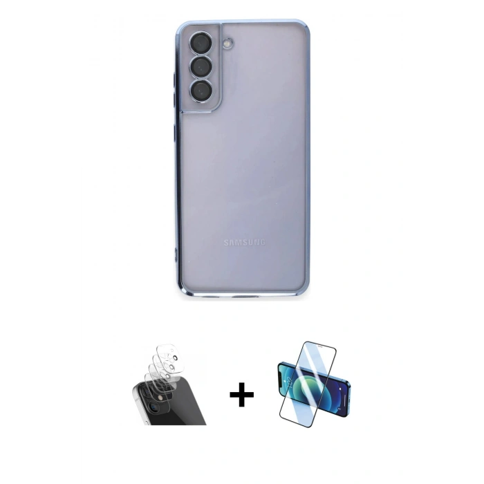 MARSİLYAN™- Galaxy S21 FE Kılıf Vadi Minimal - Siyah 3D Antistatik Cam Ekran Koruyucu + Kamera Lens Koruma Cam - SF