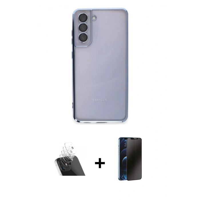 MARSİLYAN™- Galaxy S21 FE Kılıf Vadi Minimal - Siyah 3D Antistatik Hayalet Cam Ekran Koruyucu + Kamera Lens Koruma Cam - SF