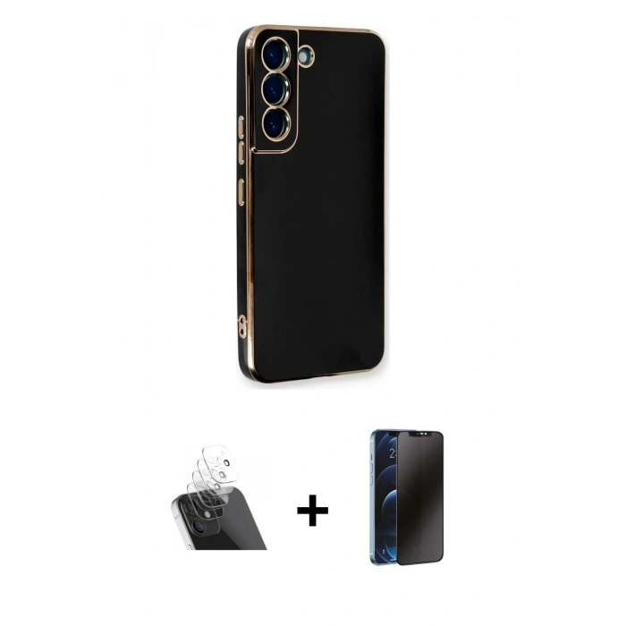 MARSİLYAN™- Galaxy S21 FE Kılıf Yankı Serisi - Siyah 3D Antistatik Hayalet Cam Ekran Koruyucu + Kamera Lens Koruma Cam - SF