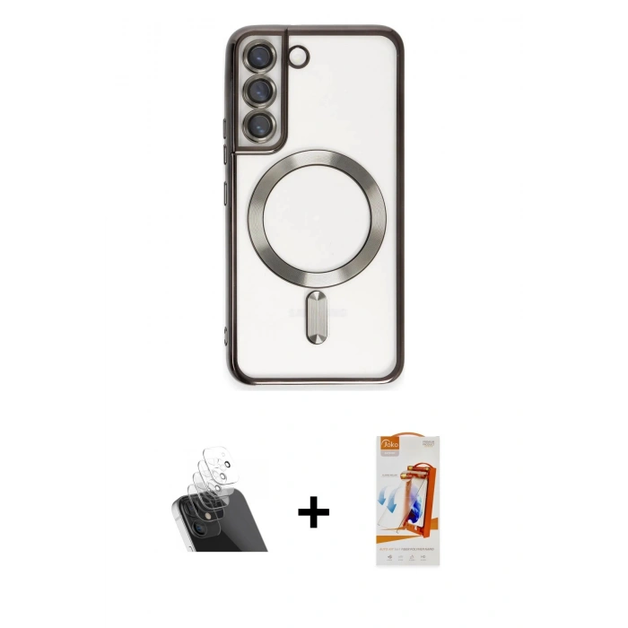 MARSİLYAN™- Galaxy S22 Kılıf Nova Işık Özel Seri - Siyah AutoKit 5in1 Fiber Polymer Nano Ekran Koruyucu + Kamera Lens Koruma Cam - SF