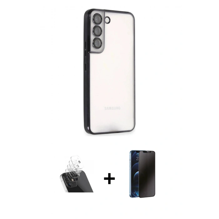 MARSİLYAN™- Galaxy S22 Kılıf Vadi Minimal - Siyah 3D Antistatik Hayalet Cam Ekran Koruyucu + Kamera Lens Koruma Cam - SF