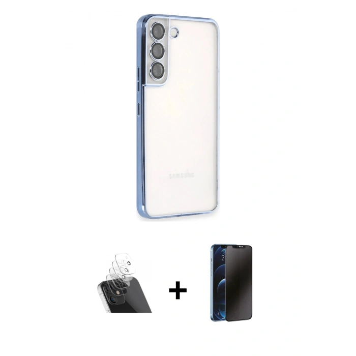 MARSİLYAN™- Galaxy S22 Kılıf Vadi Minimal - Siyah 3D Antistatik Hayalet Cam Ekran Koruyucu + Kamera Lens Koruma Cam - SF