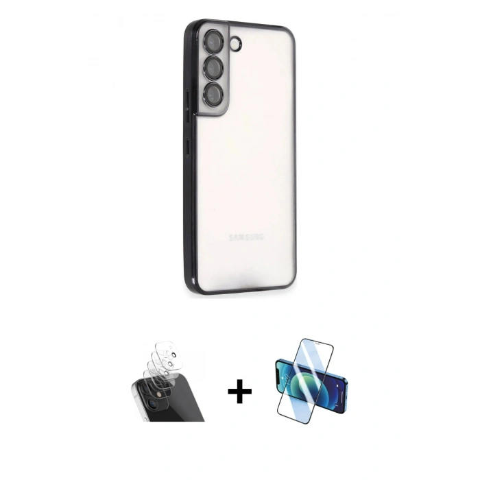 MARSİLYAN™- Galaxy S22 Kılıf Vadi Minimal - Siyah 3D Antistatik Seramik Nano Ekran Koruyucu + Kamera Lens Koruma Cam - SF