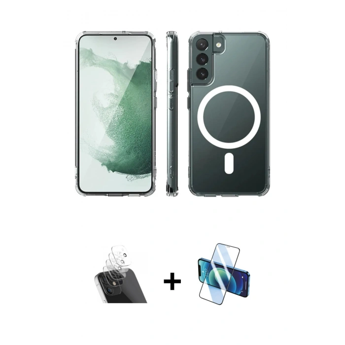 MARSİLYAN™- Galaxy S22 Plus Kılıf Ahenk Yansıma Prime - Siyah 3D Antistatik Seramik Nano Ekran Koruyucu + Kamera Lens Koruma Cam - SF
