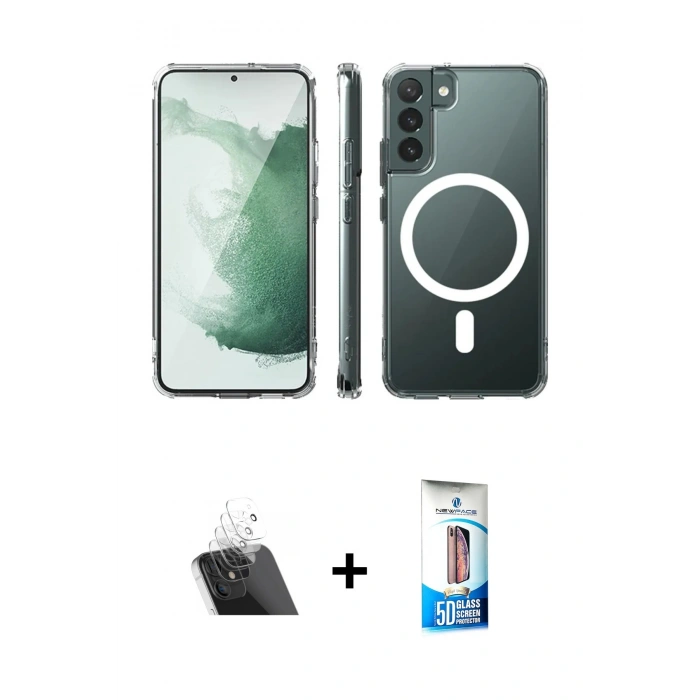 MARSİLYAN™- Galaxy S22 Plus Kılıf Ahenk Yansıma Prime - Siyah 5D Eko Cam Ekran Koruyucu + Kamera Lens Koruma Cam - SF