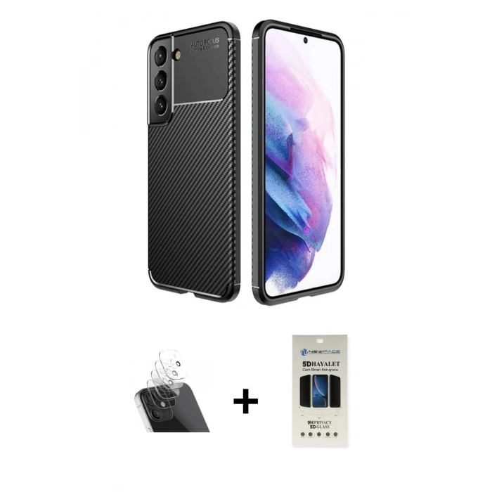 MARSİLYAN™- Galaxy S22 Plus Kılıf Eksen Form Prime - Siyah 5D Hayalet Cam Ekran Koruyucu + Kamera Lens Koruma Cam - SF