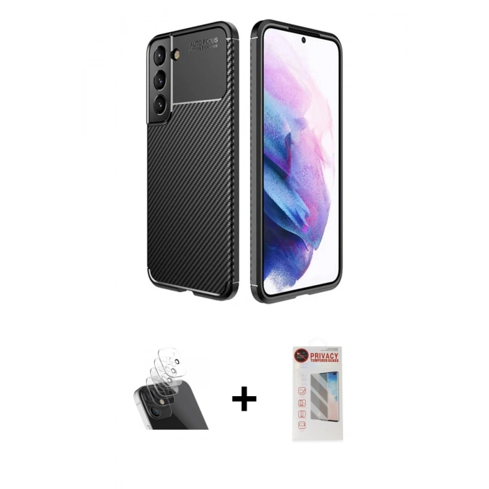 MARSİLYAN™- Galaxy S22 Plus Kılıf Eksen Form Prime - Siyah Hayalet Edge Cam Ekran Koruyucu + Kamera Lens Koruma Cam - SF