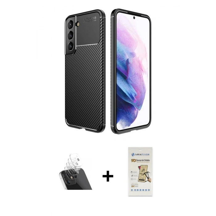 MARSİLYAN™- Galaxy S22 Plus Kılıf Eksen Form Prime - Siyah Mat Seramik Nano Ekran Koruyucu + Kamera Lens Koruma Cam - SF