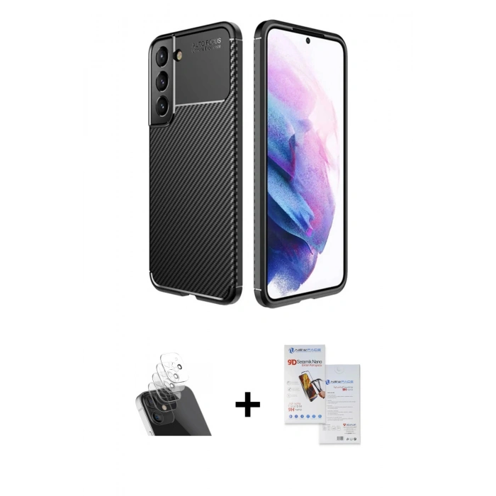 MARSİLYAN™- Galaxy S22 Plus Kılıf Eksen Form Prime - Siyah Seramik Nano Ekran Koruyucu + Kamera Lens Koruma Cam - SF