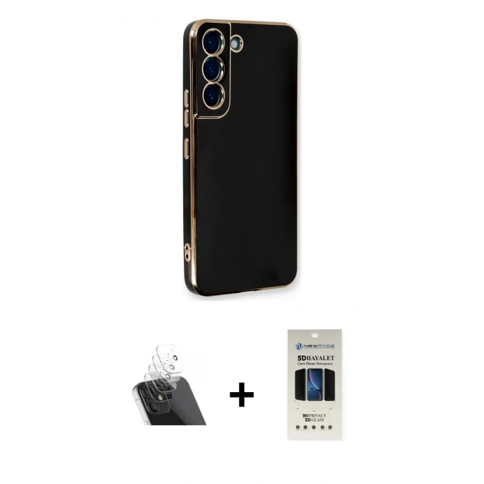 MARSİLYAN™- Galaxy S22 Plus Kılıf Yankı Serisi - Siyah 5D Hayalet Cam Ekran Koruyucu + Kamera Lens Koruma Cam - SF