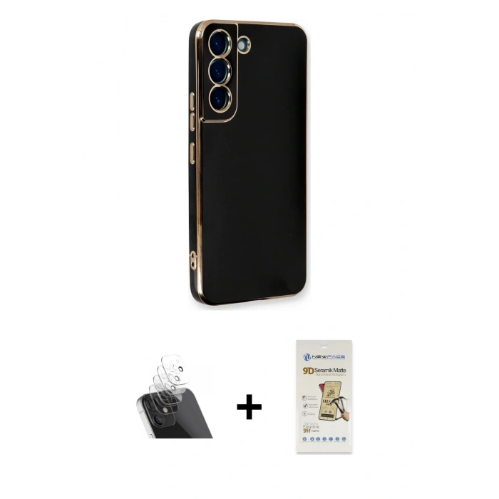 MARSİLYAN™- Galaxy S22 Plus Kılıf Yankı Serisi - Siyah Mat Seramik Nano Ekran Koruyucu + Şeffaf Kamera Lens Koruma Cam