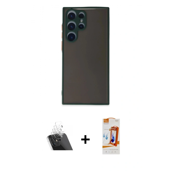 MARSİLYAN™- Galaxy S22 Ultra Kılıf Ahenk Çizgi Serisi - Siyah AutoKit 5in1 Fiber Polymer Nano Ekran Koruyucu + Kamera Lens Koruma Cam - SF