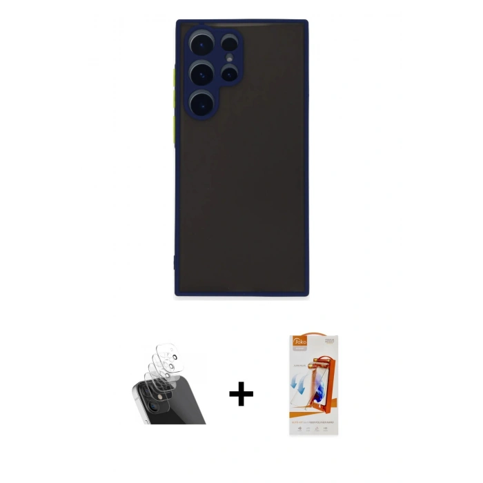 MARSİLYAN™- Galaxy S22 Ultra Kılıf Ahenk Çizgi Serisi - Siyah AutoKit 5in1 Fiber Polymer Nano Ekran Koruyucu + Kamera Lens Koruma Cam - SF