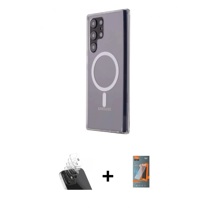 MARSİLYAN™- Galaxy S22 Ultra Kılıf Ahenk Yansıma Prime - Siyah AutoKit 5in1 Fiber Hayalet Polymer Nano Ekran Koruyucu + Kamera Lens Koruma Cam - SF