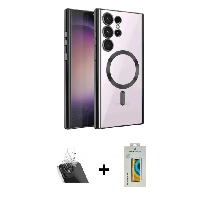 MARSİLYAN™- Galaxy S22 Ultra Kılıf Nova Işık Özel Seri - Şeffaf Polymer Nano Ekran Koruyucu + Şeffaf Kamera Lens Koruma Cam