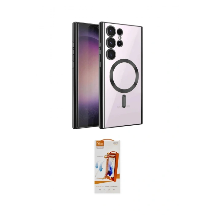 MARSİLYAN™- Galaxy S22 Ultra Kılıf Nova Işık Özel Seri - Siyah AutoKit 5in1 Fiber Polymer Nano Ekran Koruyucu