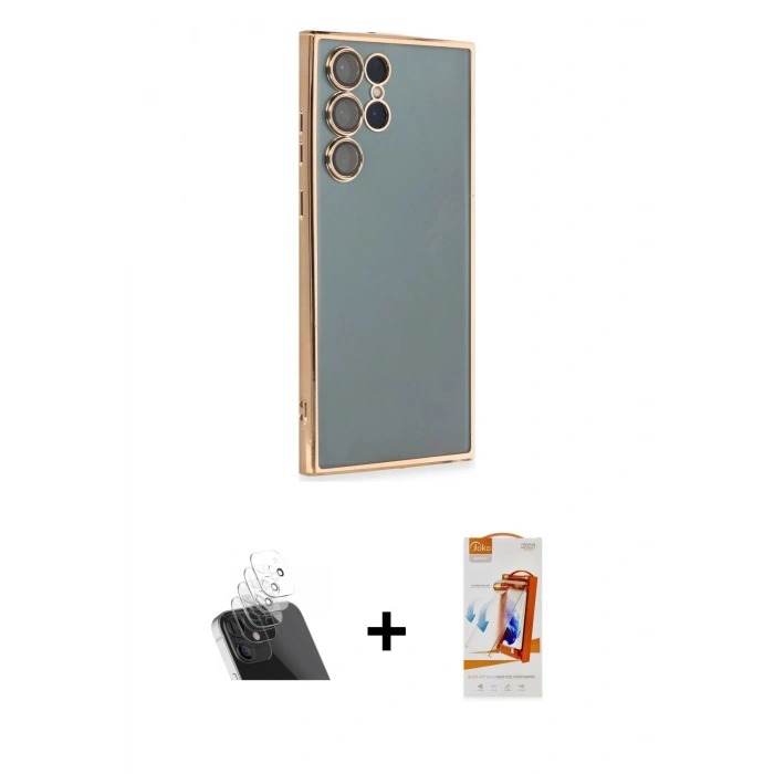 MARSİLYAN™- Galaxy S22 Ultra Kılıf Vadi Minimal - Siyah AutoKit 5in1 Fiber Polymer Nano Ekran Koruyucu + Kamera Lens Koruma Cam - SF