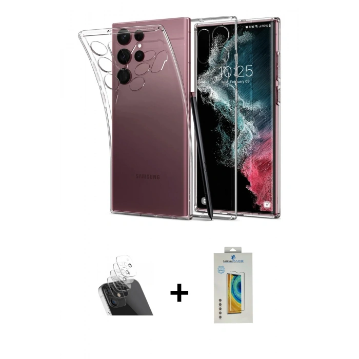 MARSİLYAN™- Galaxy S22 Ultra Kılıf Zirve Doku - Şeffaf Polymer Nano Ekran Koruyucu + Kamera Lens Koruma Cam - SF