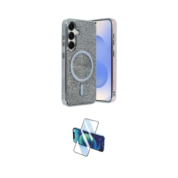 MARSİLYAN™- Galaxy S23 FE Kılıf Eksen Çizgi - Siyah 3D Antistatik Cam Ekran Koruyucu