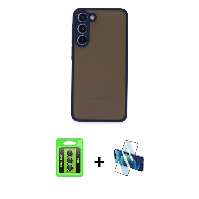 MARSİLYAN™- Galaxy S23 Kılıf Ahenk Çizgi Serisi - Siyah 3D Antistatik Seramik Nano Ekran Koruyucu + Raze Metal Kamera Lens - GI