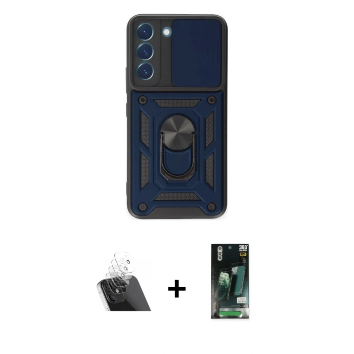 MARSİLYAN™- Galaxy S23 Kılıf Ahenk Klasik - Şeffaf 360 Full Body Arka Koruyucu + Kamera Lens Koruma Cam - SF