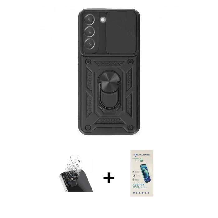 MARSİLYAN™- Galaxy S23 Kılıf Ahenk Klasik - Şeffaf Pasifik Cam Ekran Koruyucu + Kamera Lens Koruma Cam - SF