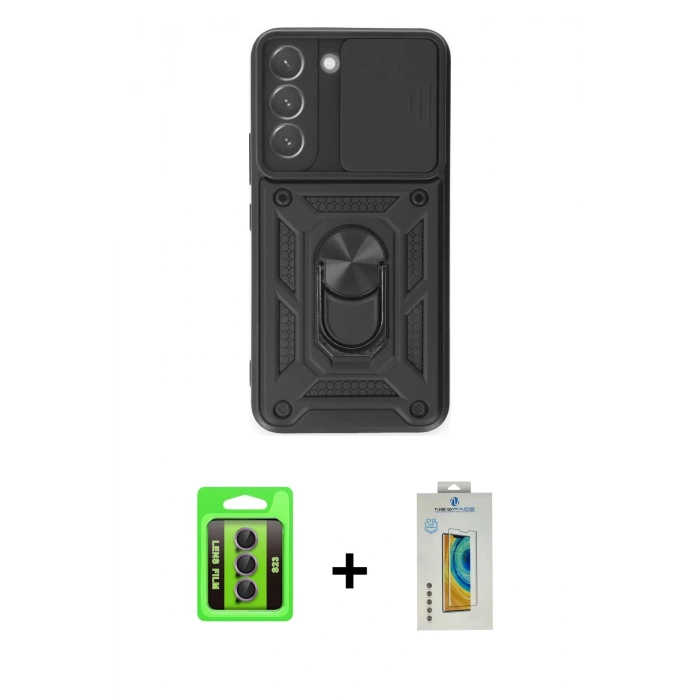 MARSİLYAN™- Galaxy S23 Kılıf Ahenk Klasik - Şeffaf Polymer Nano Ekran Koruyucu + Raze Metal Kamera Lens - MR