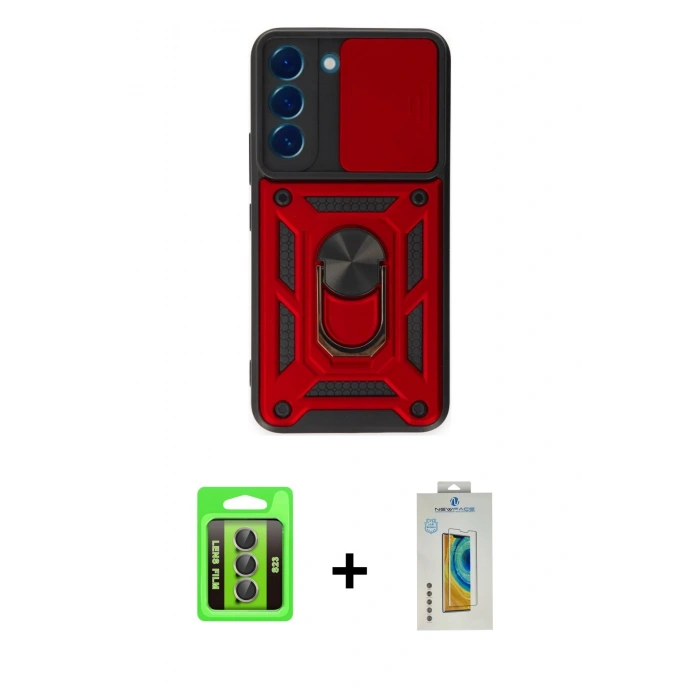 MARSİLYAN™- Galaxy S23 Kılıf Ahenk Klasik - Şeffaf Polymer Nano Ekran Koruyucu + Raze Metal Kamera Lens - GI