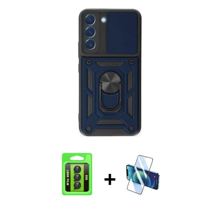 MARSİLYAN™- Galaxy S23 Kılıf Ahenk Klasik - Siyah 3D Antistatik Seramik Nano Ekran Koruyucu + Raze Metal Kamera Lens - SH