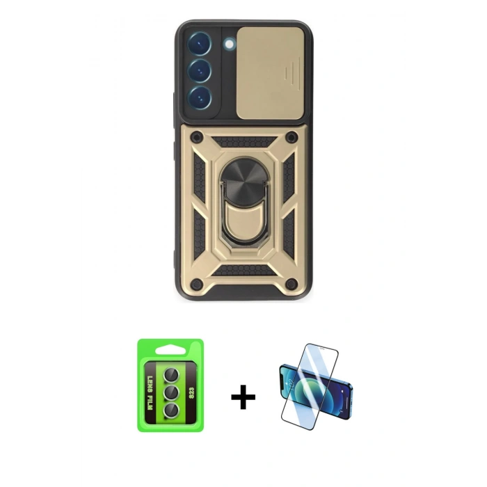 MARSİLYAN™- Galaxy S23 Kılıf Ahenk Klasik - Siyah 3D Antistatik Seramik Nano Ekran Koruyucu + Raze Metal Kamera Lens - YL