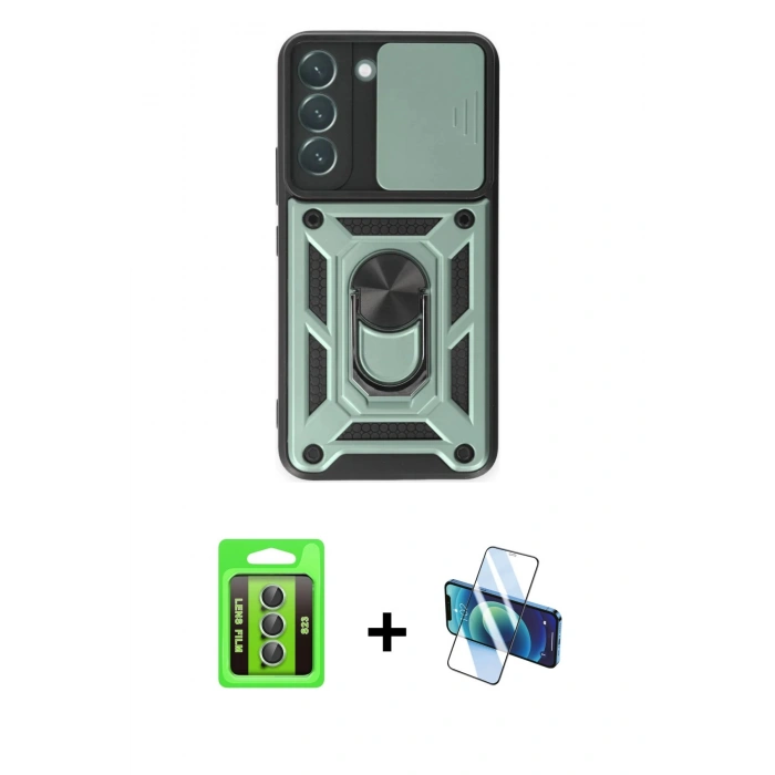 MARSİLYAN™- Galaxy S23 Kılıf Ahenk Klasik - Siyah 3D Antistatik Seramik Nano Ekran Koruyucu + Raze Metal Kamera Lens - YL