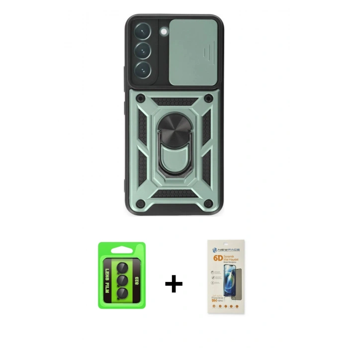 MARSİLYAN™- Galaxy S23 Kılıf Ahenk Klasik - Siyah 6D Mat Seramik Hayalet Nano Ekran Koruyucu + Raze Metal Kamera Lens - SH
