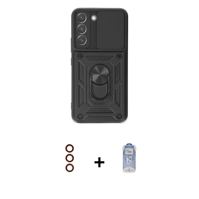MARSİLYAN™- Galaxy S23 Kılıf Ahenk Klasik - Siyah Joko Magic 5D Cam + Metal Kamera Lens - KI
