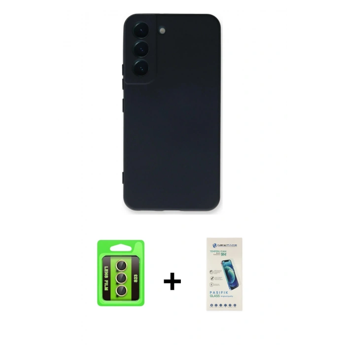 MARSİLYAN™- Galaxy S23 Kılıf Ahenk Serisi - Şeffaf Pasifik Cam Ekran Koruyucu + Raze Metal Kamera Lens - SI