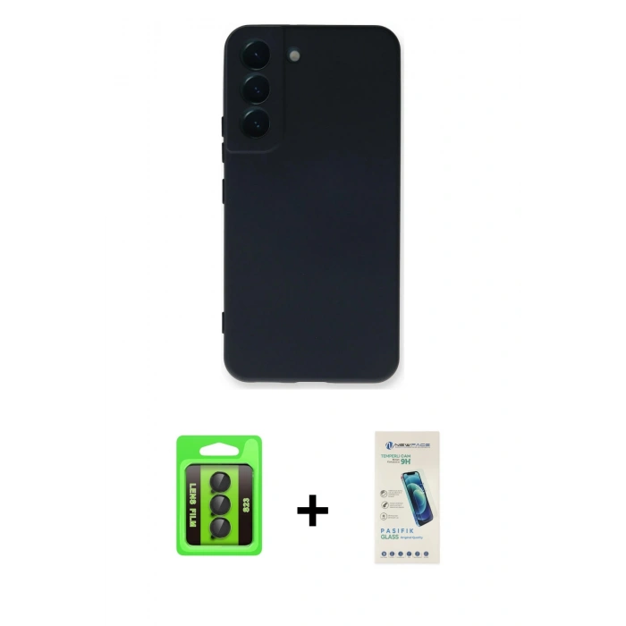 MARSİLYAN™- Galaxy S23 Kılıf Ahenk Serisi - Şeffaf Pasifik Cam Ekran Koruyucu + Raze Metal Kamera Lens - SH