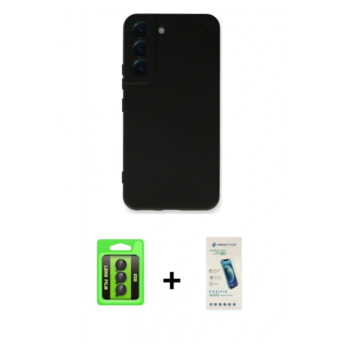 MARSİLYAN™- Galaxy S23 Kılıf Ahenk Serisi - Şeffaf Pasifik Cam Ekran Koruyucu + Raze Metal Kamera Lens - SH