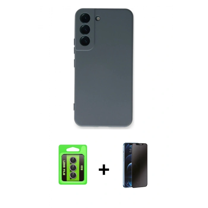 MARSİLYAN™- Galaxy S23 Kılıf Ahenk Serisi - Siyah 3D Antistatik Hayalet Cam Ekran Koruyucu + Raze Metal Kamera Lens - MR