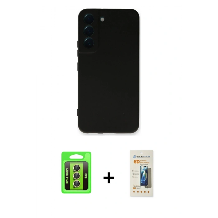 MARSİLYAN™- Galaxy S23 Kılıf Ahenk Serisi - Siyah 6D Mat Seramik Hayalet Nano Ekran Koruyucu + Raze Metal Kamera Lens - SI