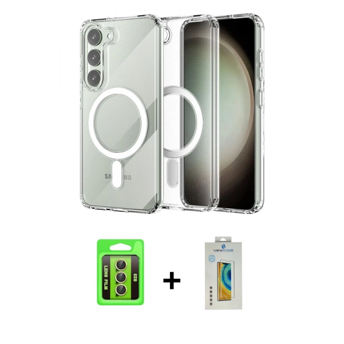 MARSİLYAN™- Galaxy S23 Kılıf Ahenk Yansıma Prime - Şeffaf Polymer Nano Ekran Koruyucu + Raze Metal Kamera Lens - SI