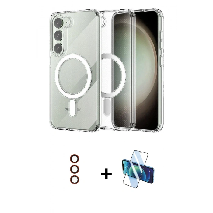 MARSİLYAN™- Galaxy S23 Kılıf Ahenk Yansıma Prime - Siyah 3D Antistatik Seramik Nano Ekran Koruyucu + Metal Kamera Lens - KI