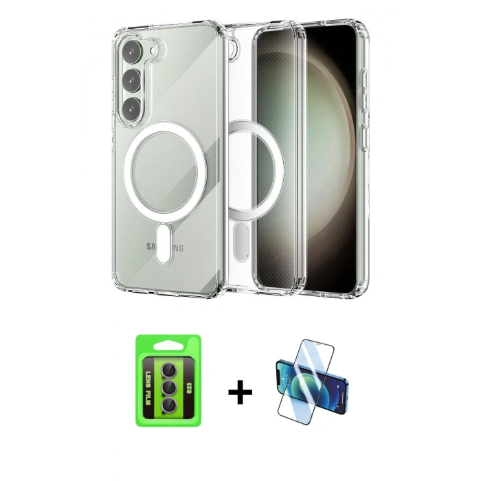 MARSİLYAN™- Galaxy S23 Kılıf Ahenk Yansıma Prime - Siyah 3D Antistatik Seramik Nano Ekran Koruyucu + Raze Metal Kamera Lens - MR