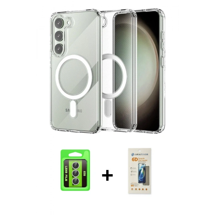 MARSİLYAN™- Galaxy S23 Kılıf Ahenk Yansıma Prime - Siyah 6D Mat Seramik Hayalet Nano Ekran Koruyucu + Raze Metal Kamera Lens - GS