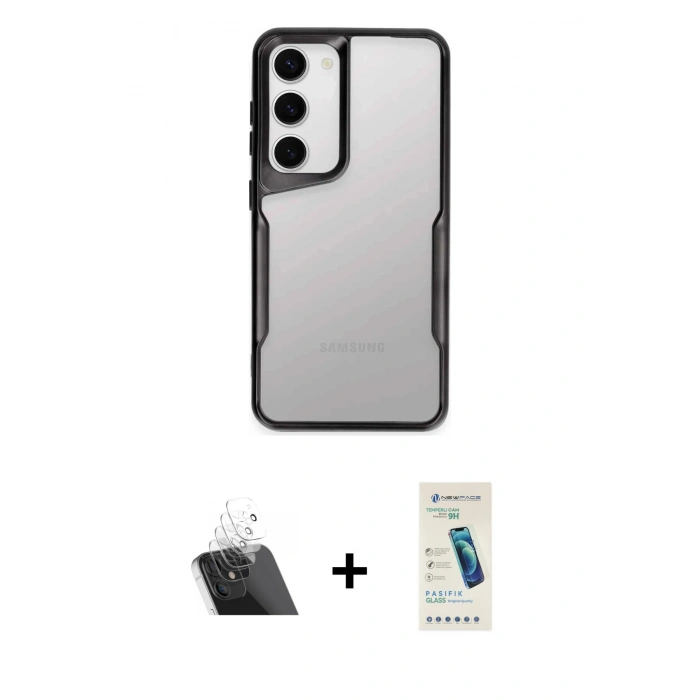 MARSİLYAN™- Galaxy S23 Kılıf Akış Çizgi Koleksiyonu - Şeffaf Pasifik Cam Ekran Koruyucu + Şeffaf Kamera Lens Koruma Cam