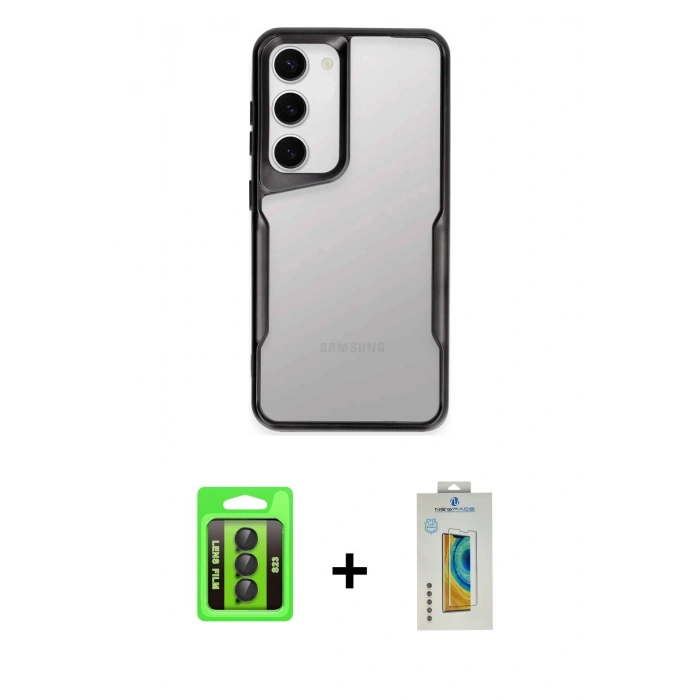 MARSİLYAN™- Galaxy S23 Kılıf Akış Çizgi Koleksiyonu - Şeffaf Polymer Nano Ekran Koruyucu + Raze Metal Kamera Lens - SH