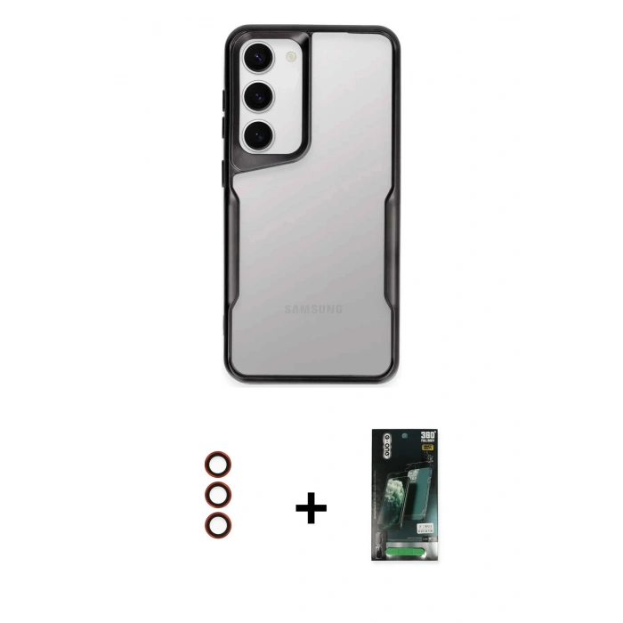 MARSİLYAN™- Galaxy S23 Kılıf Akış Çizgi Koleksiyonu - Siyah 360 Mat Full Body Arka Koruyucu + Metal Kamera Lens - KI
