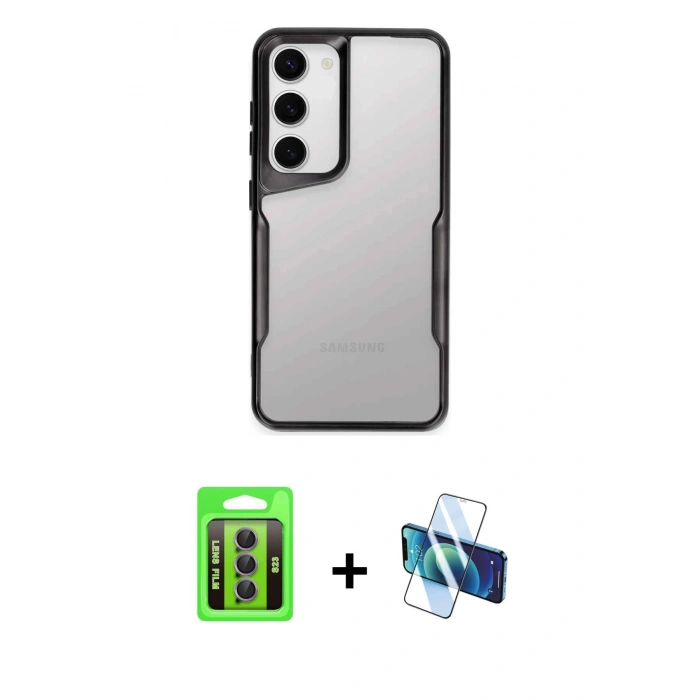 MARSİLYAN™- Galaxy S23 Kılıf Akış Çizgi Koleksiyonu - Siyah 3D Antistatik Seramik Nano Ekran Koruyucu + Raze Metal Kamera Lens - MR