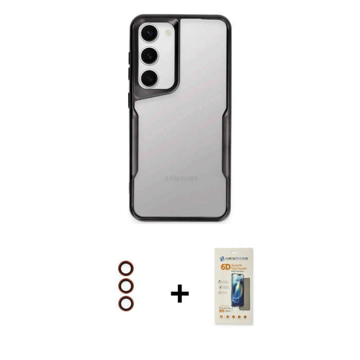MARSİLYAN™- Galaxy S23 Kılıf Akış Çizgi Koleksiyonu - Siyah 6D Mat Seramik Hayalet Nano Ekran Koruyucu + Metal Kamera Lens - KI