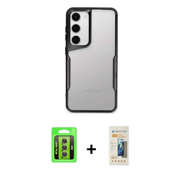 MARSİLYAN™- Galaxy S23 Kılıf Akış Çizgi Koleksiyonu - Siyah 6D Mat Seramik Hayalet Nano Ekran Koruyucu + Raze Metal Kamera Lens - SI